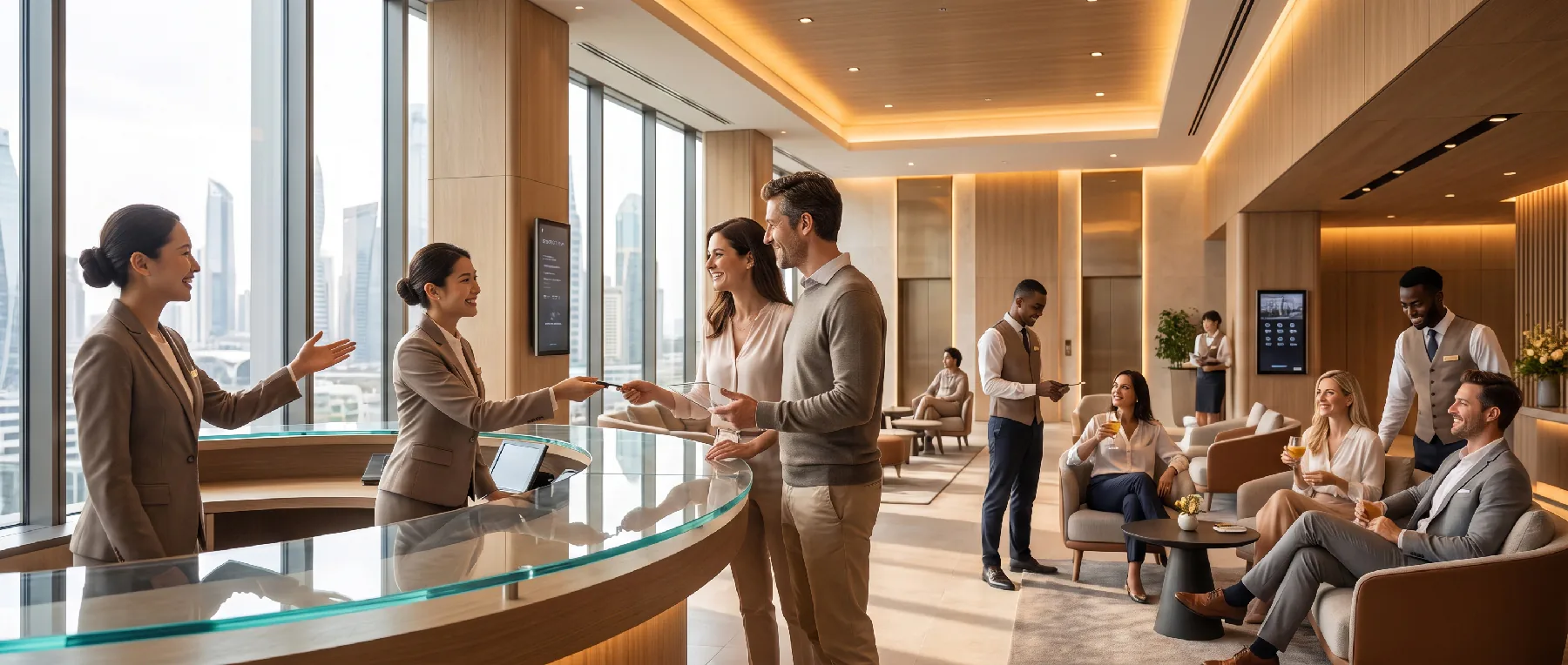 Gäste werden an einem Empfangstresen begrüßt, im Hintergrund eine helle Lounge mit Sitzgruppen und Blick über die Stadt