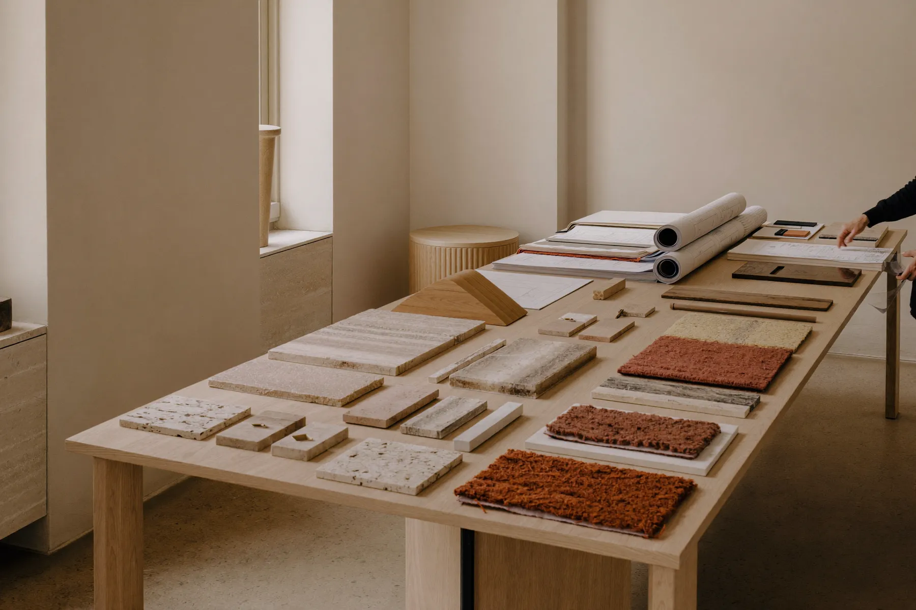 Langer Eichentisch mit Materialmustern aus Travertin, Holz und Terrakotta-Textilien neben aufgerollten Bauplänen
