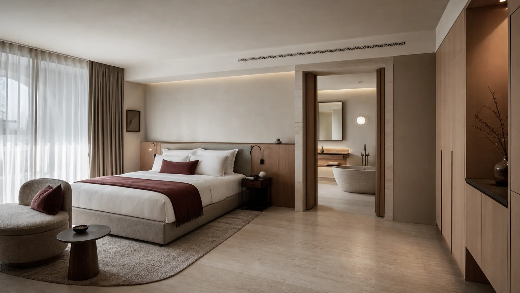Hotelzimmer mit Schlafbereich, Bad, Licht, Lüftung und integrierter Möblierung
