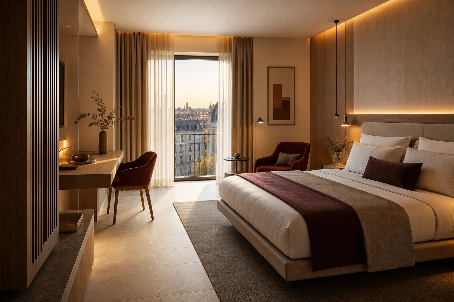 Hotelzimmer mit Arbeitsbereich, Ruhezone und warmem indirektem Licht