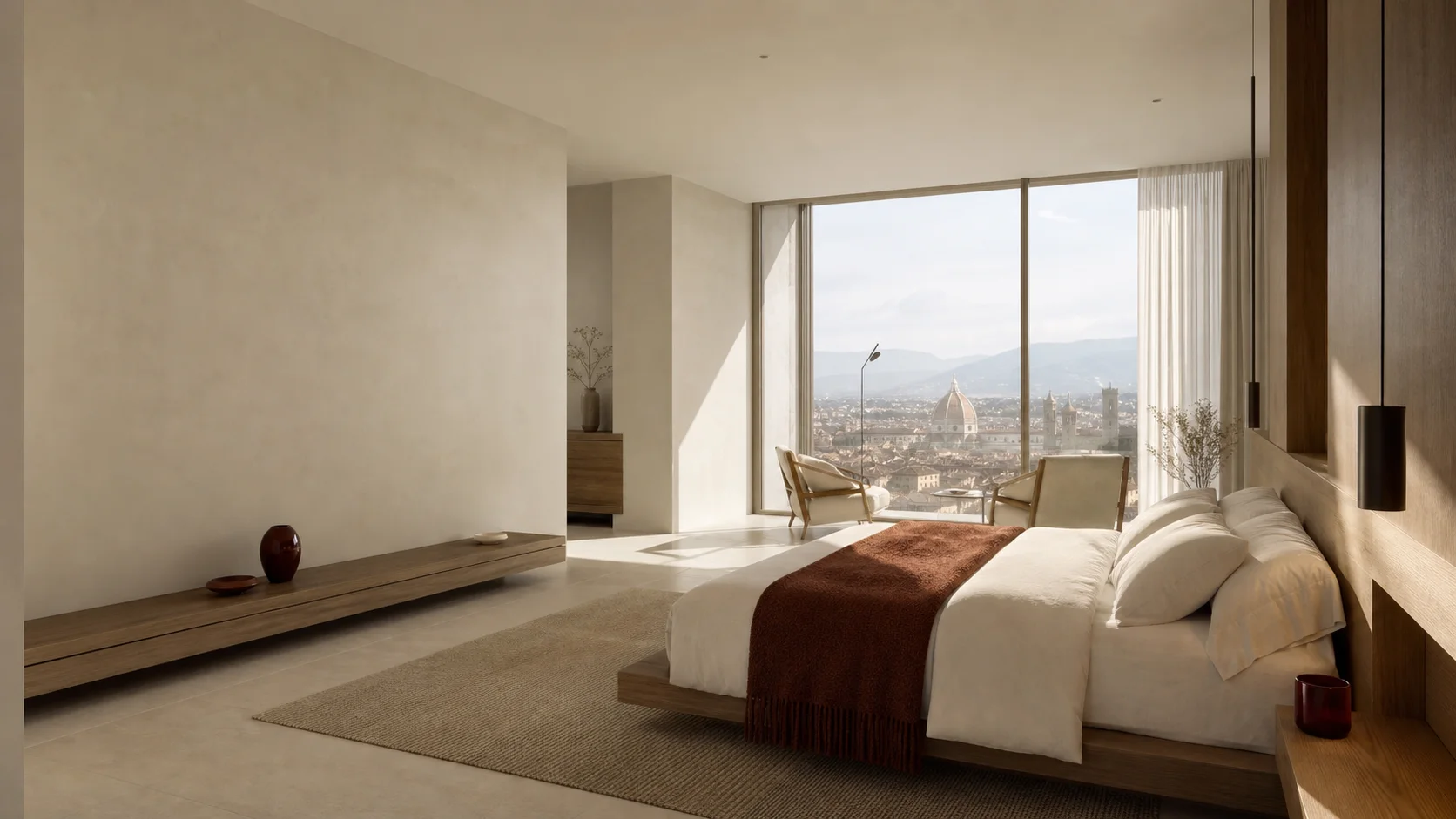 Ruhiges Hotelzimmer mit Naturmaterialien und weitem Blick über eine europäische Stadt