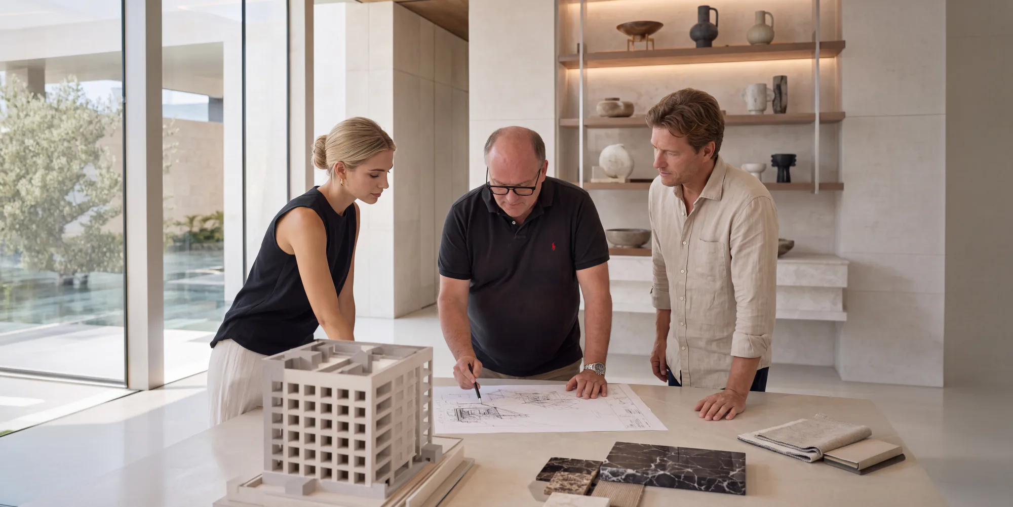 Drei Fachleute besprechen an einem Tisch einen Bauplan, daneben ein Architekturmodell und Materialmuster aus Stein und Holz