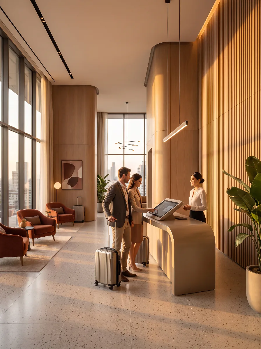 Zwei Reisende mit Koffern beim Check-in an einem digitalen Terminal, im Hintergrund eine helle Hotellobby im Abendlicht