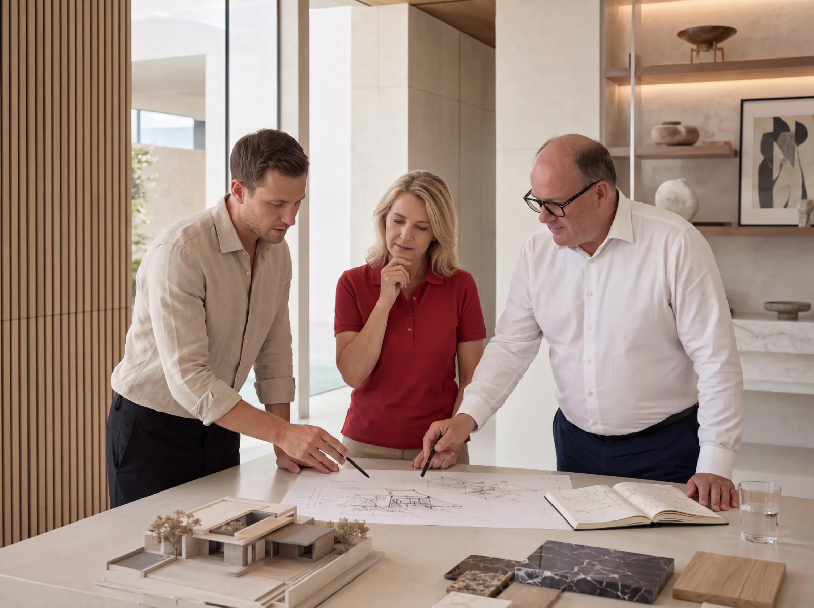 Drei Fachleute beugen sich über einen Bauplan, daneben ein Architekturmodell und Materialmuster