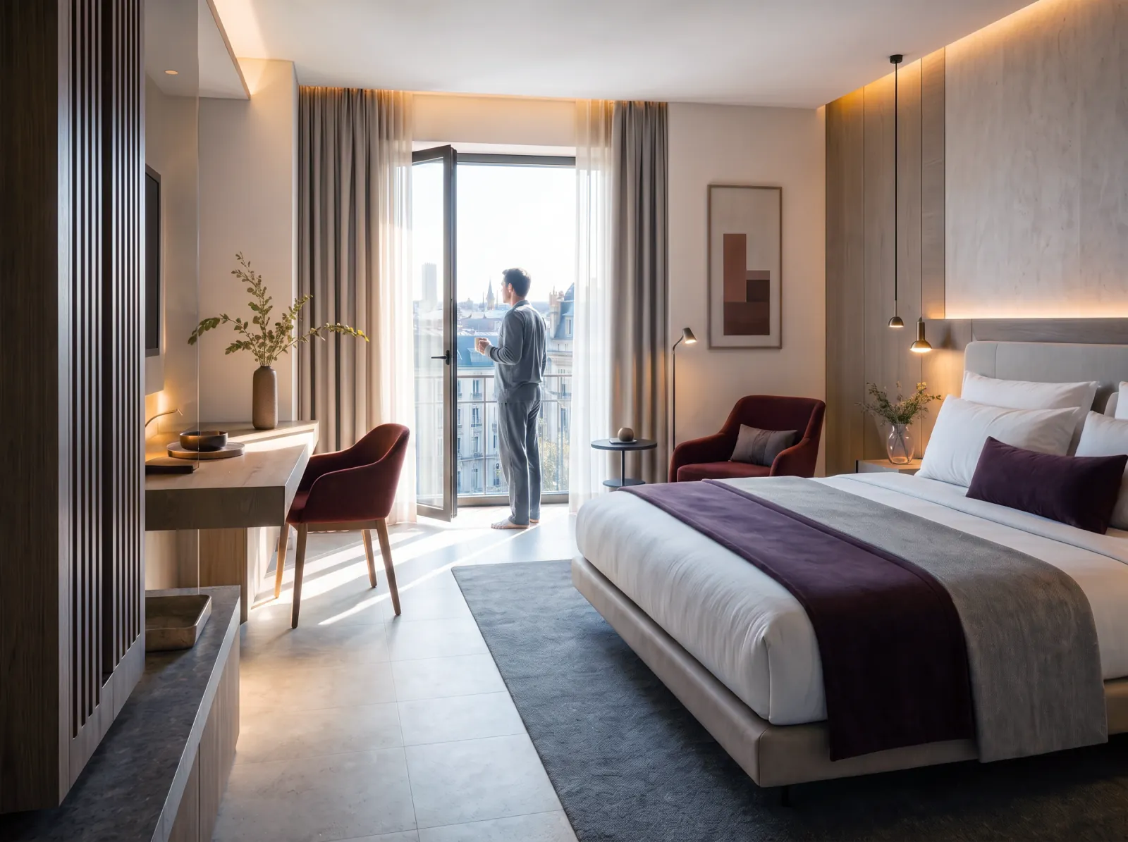 Morgenlicht flutet das Zimmer, die Vorhänge sind geöffnet und geben den Blick auf die Stadt frei